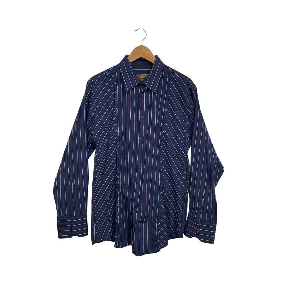 Roar Button Down Shirt Mens XL Navy Blue Burgundy Striped Long Sleeve‎ Excellent